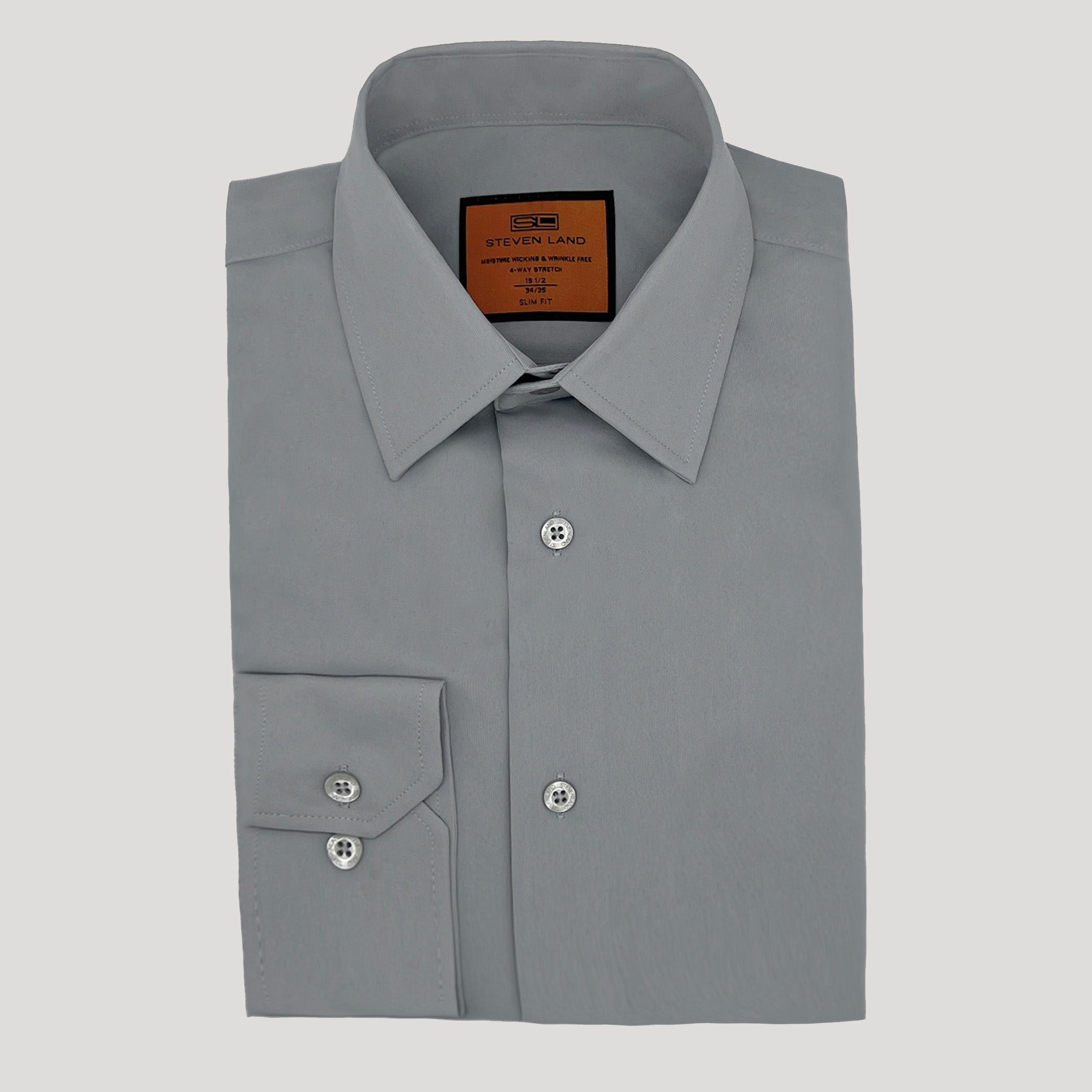4 Way Stretch Travel Shirt | Barrel Cuff | Point Collar | Silver Steven Land Menswear 4 Way Stretch Travel Shirt | Barrel Cuff | Point Collar | Silver Steven Land Menswear