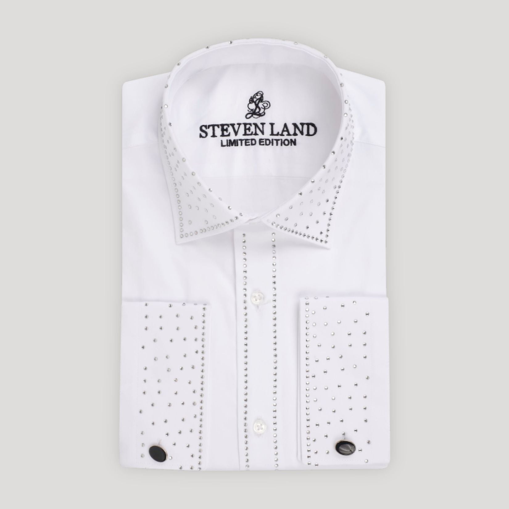 The Dante Dress Shirt | Spread Collar | French Cuff | Crystal Detail | 100% Cotton S / White The Dante Dress Shirt | Spread Collar | French Cuff | Crystal Detail | 100% Cotton S / White