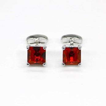 Men's cufflinks with square ruby red gem stone in silver metal frame