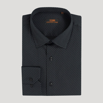 Micro Dot Dress Shirt | Classic Collar | Mitered Barrel Cuff | Black with Silver Micro dot Pattern