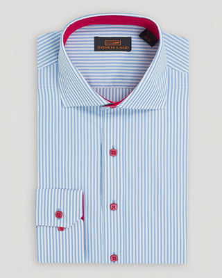 Steven Land men's striped dress shirt with red interior detail and square buttons