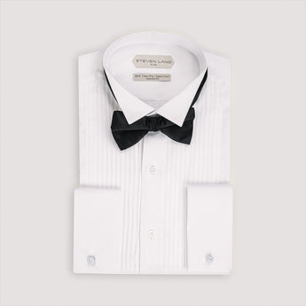 white satin tuxedo shirt with front pleats, French cuffs, and black bow tie