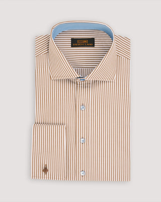 Brown striped men's dress shirt with French cuffs and light blue buttons and light blue interior color detail