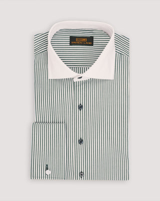 dark green striped dress shirt with solid white collar and French cuffs