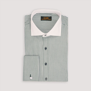 dark green striped dress shirt with solid white collar and French cuffs