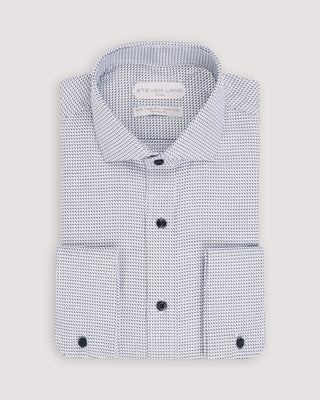 Formal dress shirt with French cuffs, semi spread collar, and black chevron pattern