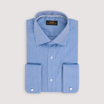 Blue herringbone weave cotton dress shirt with French cuffs