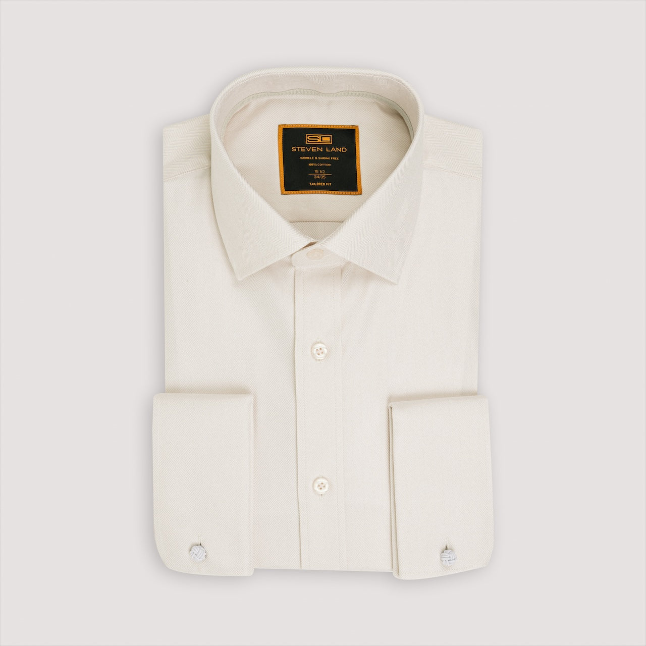 cream dress shirt mens The Regal Herringbone | Classic Spread Collar | Rounded French Cuff | 100% Cotton