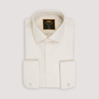 Cream colored dress shirt with herringbone cotton weave texture and French cuffs