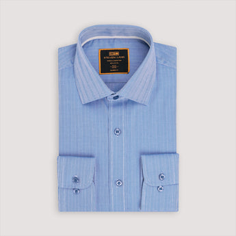 Blue herringbone woven cotton dress shirt with barrel button cuffs