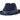 Navy blue fedora hat with a decorative band and feather on a white background