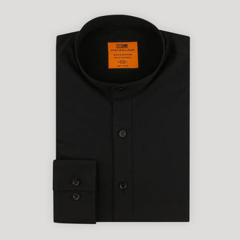 Poplin | Banded Collar | Button Cuff | 100% Cotton | Black