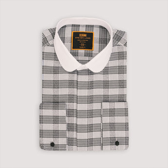 Black plaid dress shirt with solid white club collar and French cuffs