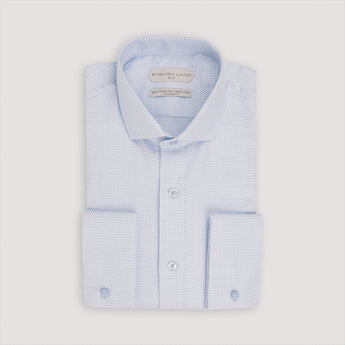 Blue dress shirt with french cuffs, semi spread collar, and chevron pattern