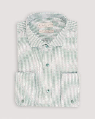 Emerald green dress shirt with semi spread collar, French cuffs, and chevron pattern