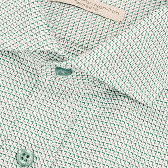 close up of green chevron pattern on semi spread collar of formal dress shirt