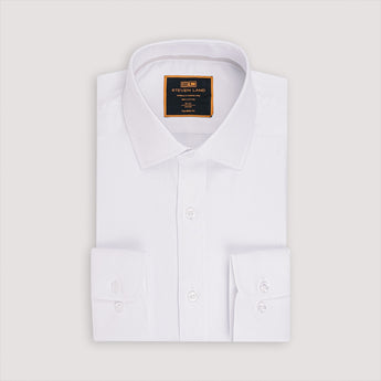 White cotton men's dress shirt with herringbone weave texture and barrel cuffs