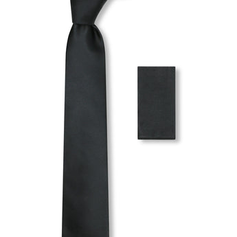 Steven Land Solid Essential Collection 100% Silk Tie and Matching Hanky - Black Color