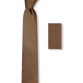 Steven Land Solid Essential Collection 100% Silk Tie and Matching Hanky - Brown Color