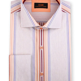 Steven Land Riviera Stripe Dress Shirt Classic Fit 100% Cotton French Cuff Spread Collar Color Tan