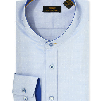 Steven Land | Banded Collar Textured Stretch Dress Shirt in Blue Color