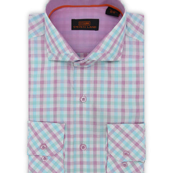 Steven Land | Semi Cutaway Trim Collar Poplin Check Shirt | Berry