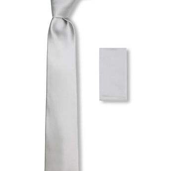 Steven Land Solid Essential Collection 100% Silk Tie and Matching Hanky - Silver Color