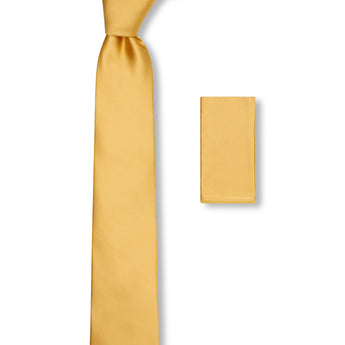 Steven Land Solid Tie and Hanky Set | Solid Essential Collection | 100% Silk | Color Gold